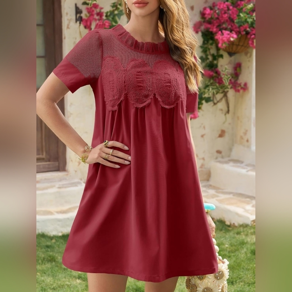 Burgundy Lace Babydoll Mini Dress | Boho Cottagecore | Size L - Picture 4 of 6